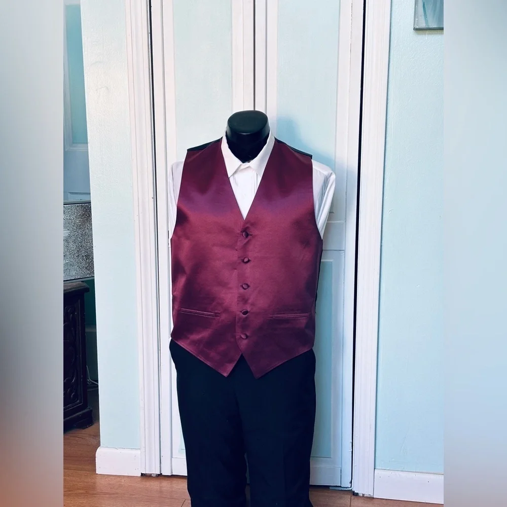 Wine Burgundy Maroon Satin Closed Back Vest Wedding Prom Men’s Medium M